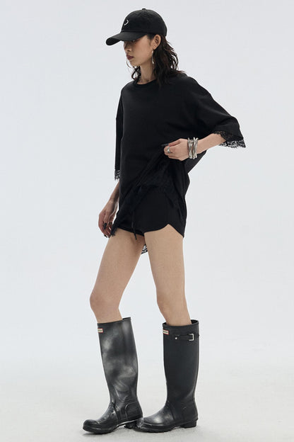 Patchwork Lace Crew Neck Long Top