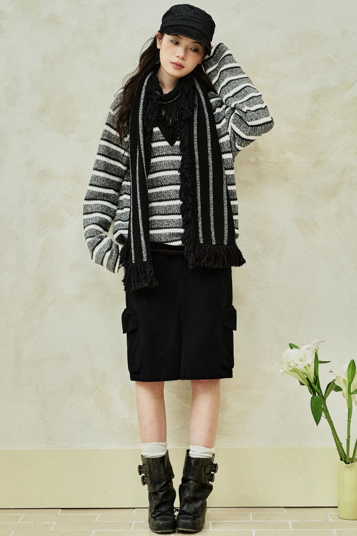 Striped V-Neck Knitted Top & Scarf Set