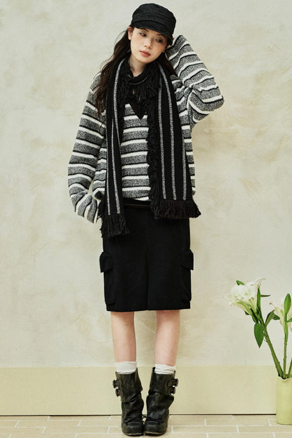 Striped V-Neck Knitted Top & Scarf Set