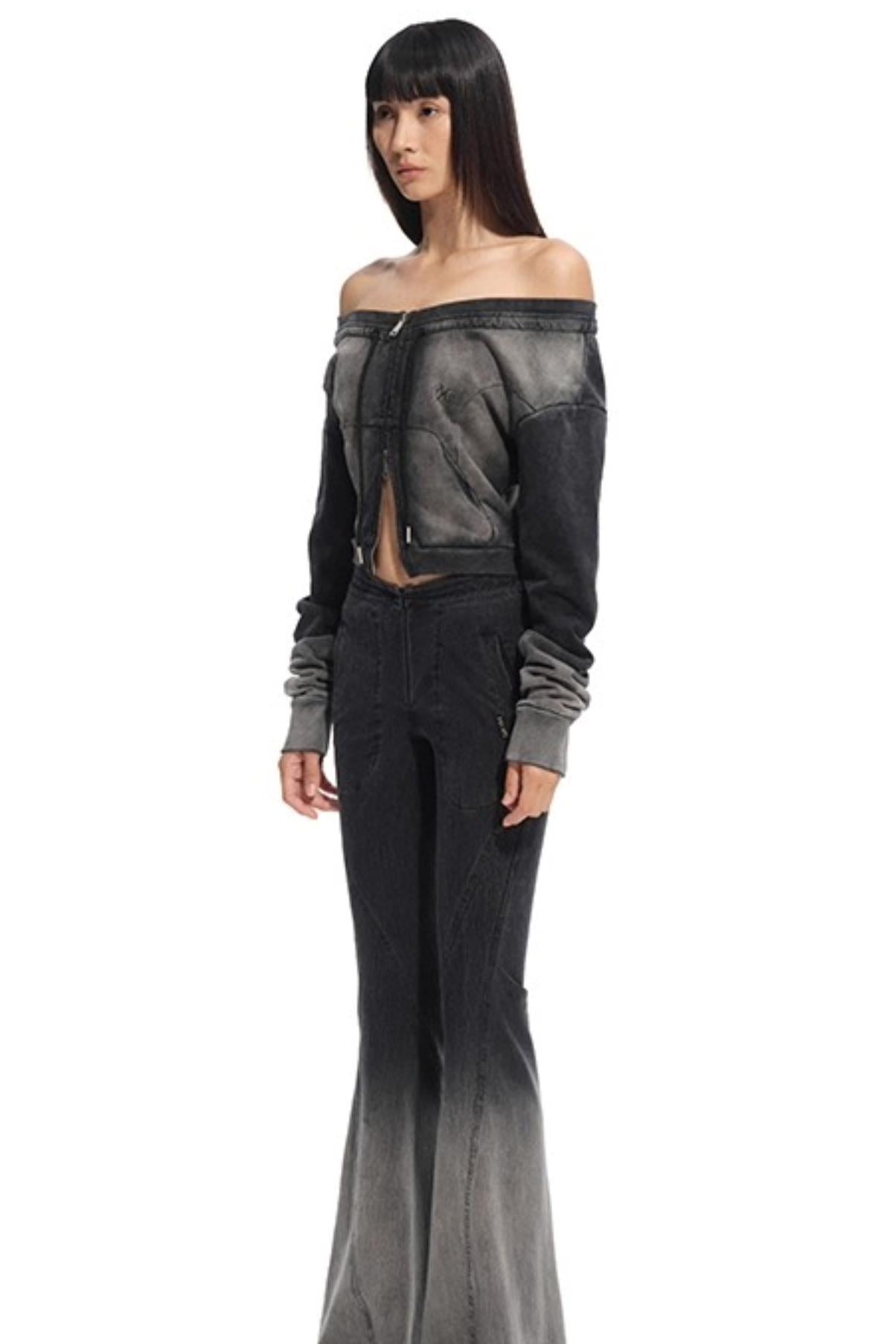 Ink-Dotted One-Shoulder Long-Sleeved Top