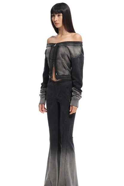 Ink-Dotted One-Shoulder Long-Sleeved Top
