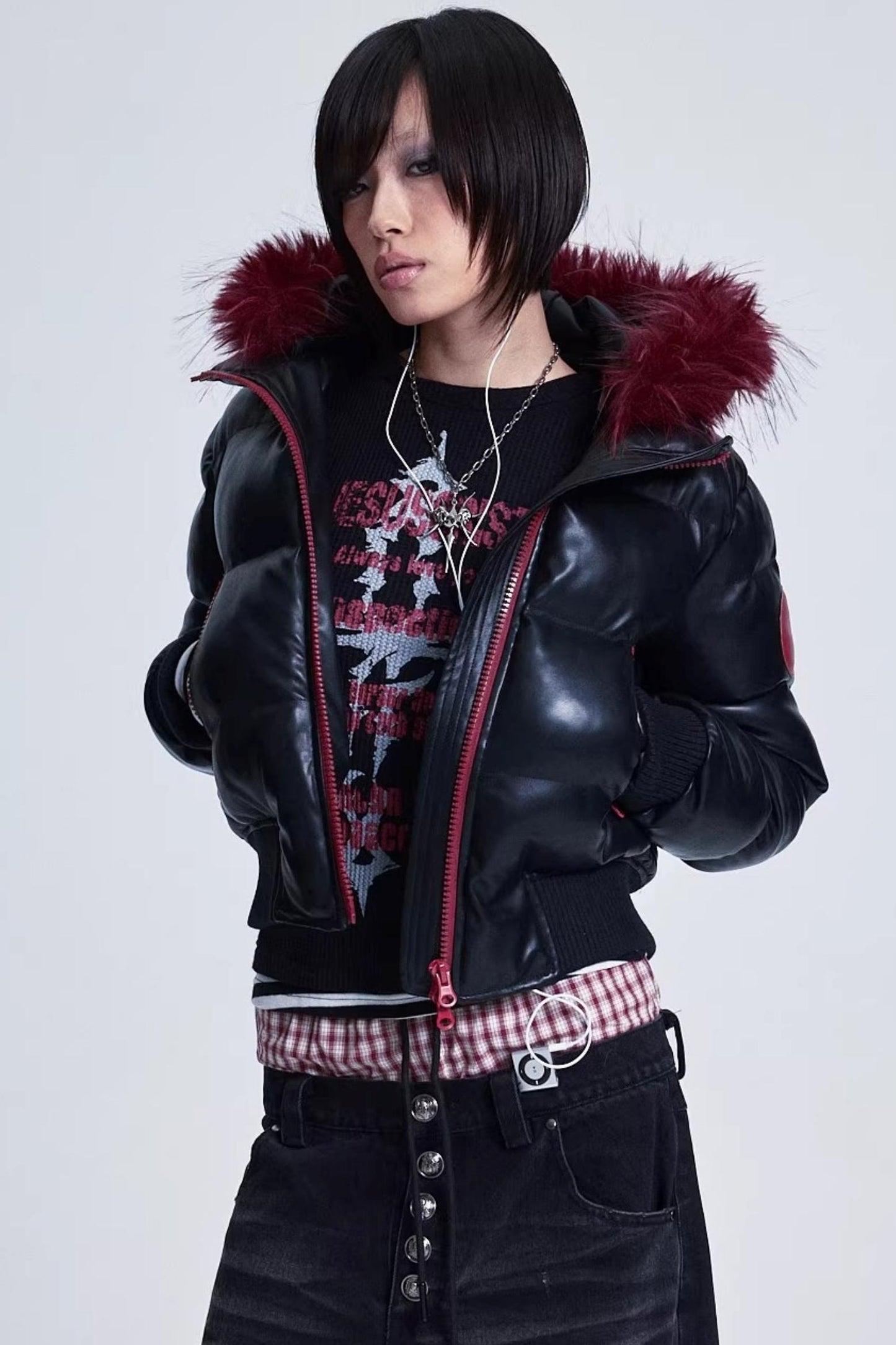 Patchwork Leather Fur Collar Jacket