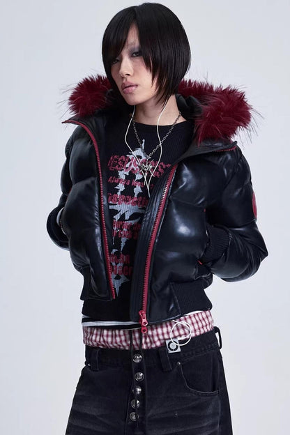 Patchwork Leather Fur Collar Jacket