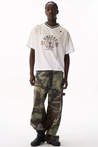 Two-Color Distressed V-Neck Top