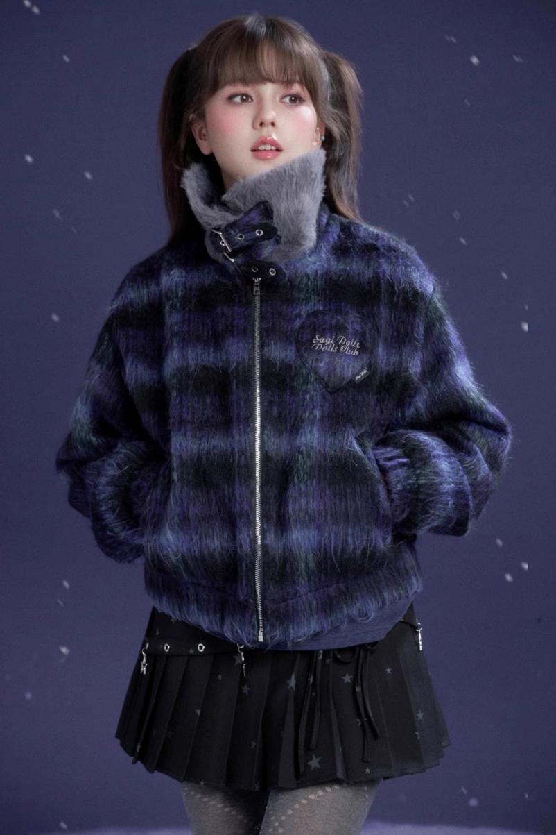 High-Neck Plaid Woolen Coat