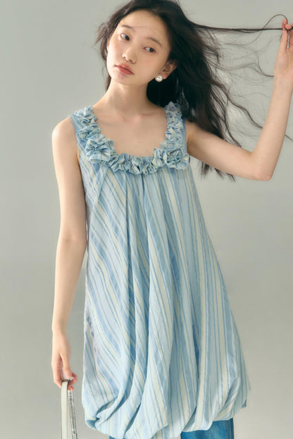 Blue Jellyfish Embroidered Striped Vest Dress