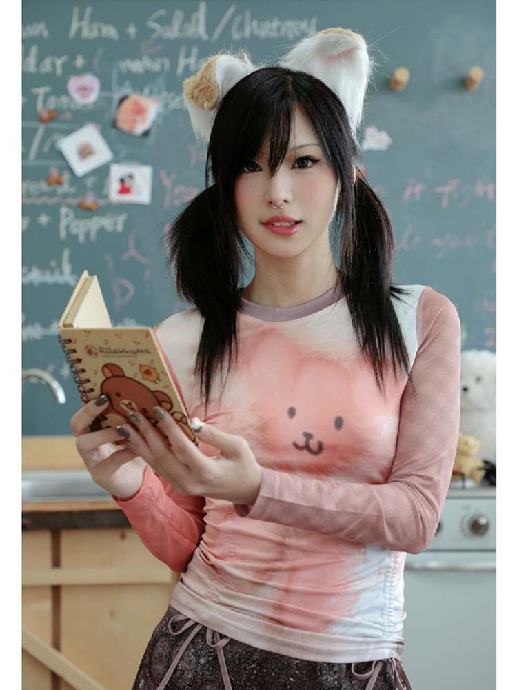 Cute Side Shirring Ribbon Bear Print Long Sleeve Tee