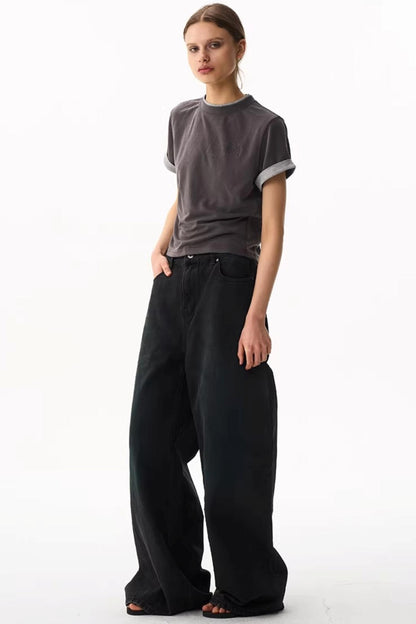 Washed Blue Wide-Leg Denim Pants