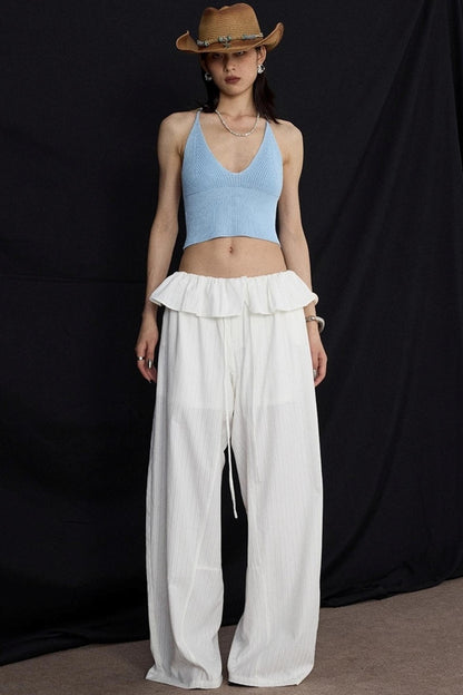 White Lace Drawstring Wide-Leg Pants