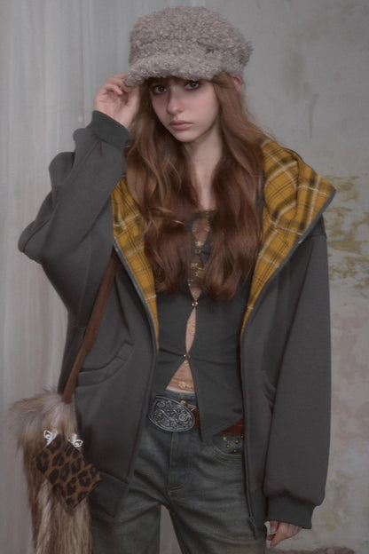 Sweet Lazy Plaid Sweatshirt Jacket