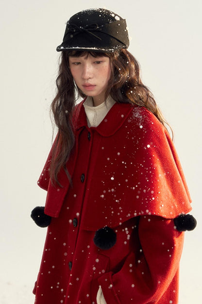 Detachable Cape Red Wool Coat