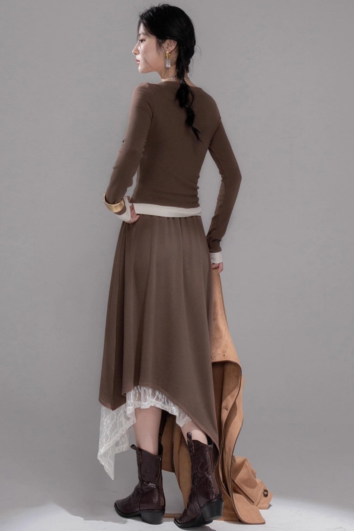 Collar Contrasting Knitted Top & Skirt Set