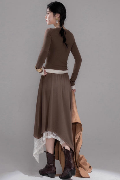 Collar Contrasting Knitted Top & Skirt Set