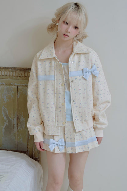 Beige Floral Blue Bow Jacket Set-Up