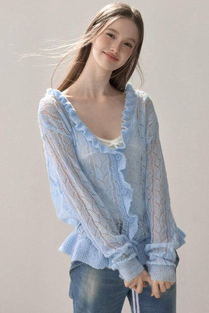 Knit Ruffled Cut Out Blouse
