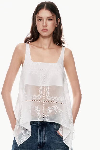 Weißes transparentes asymmetrisches Trägeroberteil