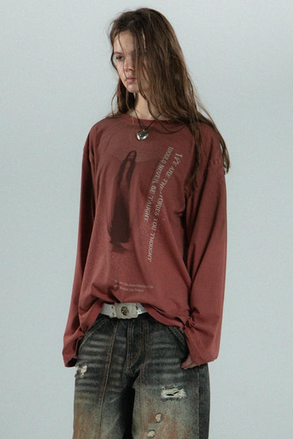 Distressed Print Crewneck Fit Long Sleeve Tee