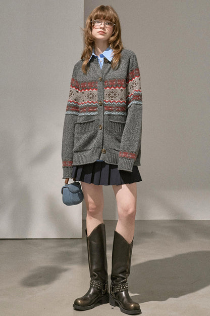 Fair Isle Knitted Gray Cardigan