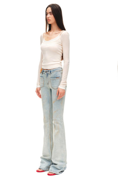 Light Sand Flared Denim Trousers