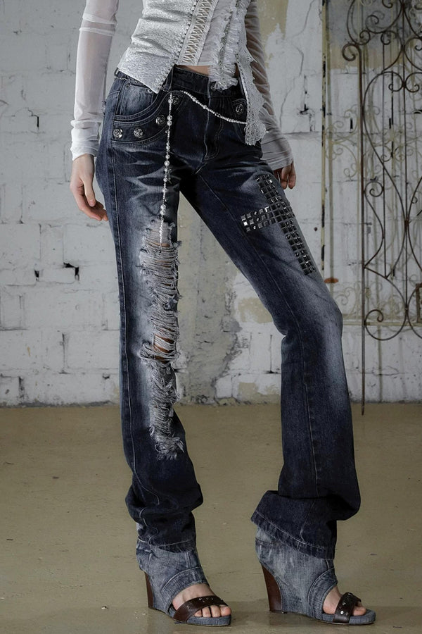 Rhinestone Distressed Denim Pants
