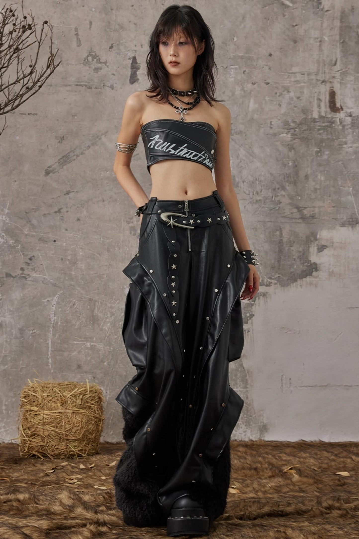 Autumn Punk Wide-Leg Leather Pants