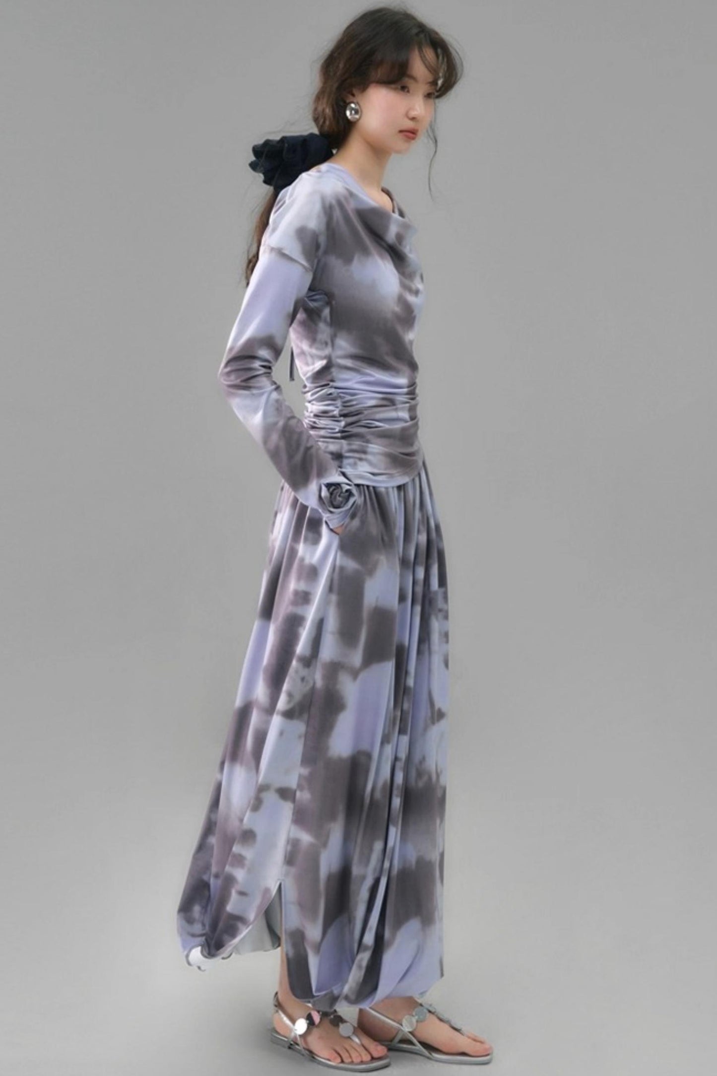 Poetic Swing Collar Print T-Shirt & Skirt Set-Up