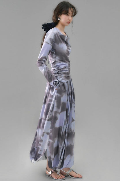 Poetic Swing Collar Print T-Shirt & Skirt Set-Up