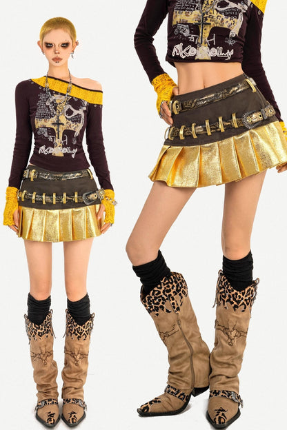 Gold Patchwork Pleated Skirt