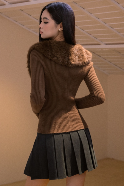 Vintage Fur Collar Knit Cardigan Set