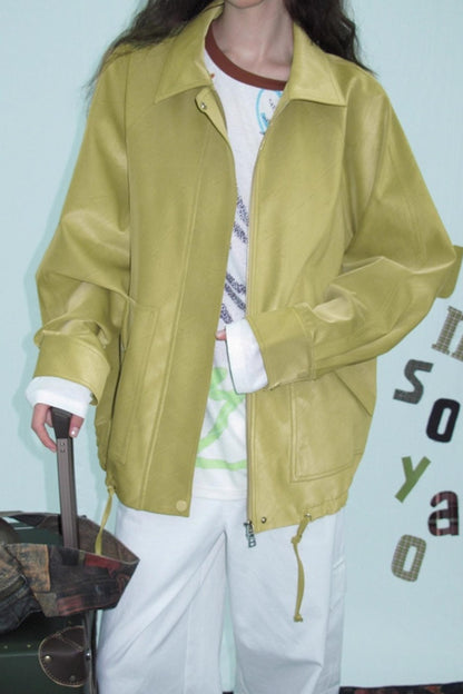 Green Lapel Leather Jacket