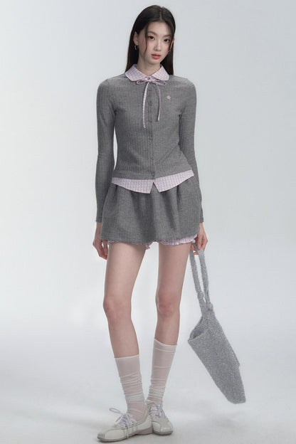 Pink-Gray Check Knit Top Set-Up