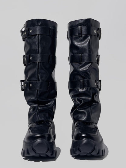 Y2K Punk Style Triple Belt High Heel Long Boots