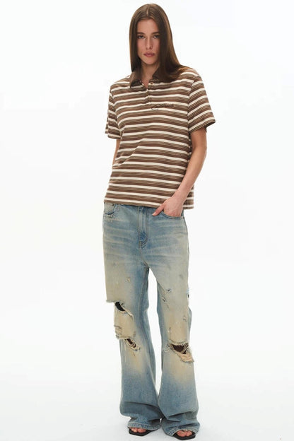 Retro Striped Embroidered Polo Shirt