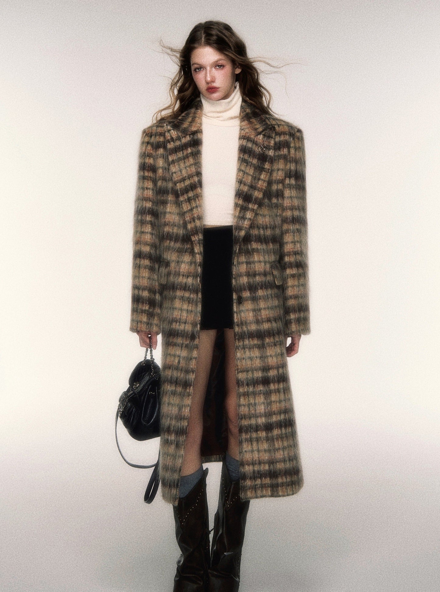 Vintage Long Check Wool Tweed Coat Jacket