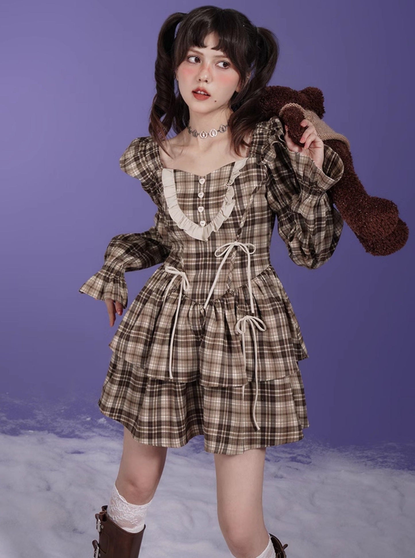 Brown Checkered Bow Small Flying Sleeve Dress