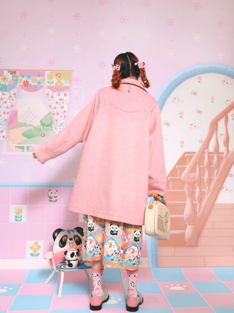 Panda embroidery mid-length coat