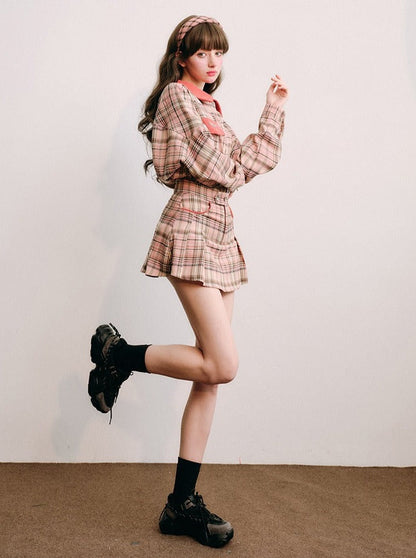 Plaid coat and skirt sets