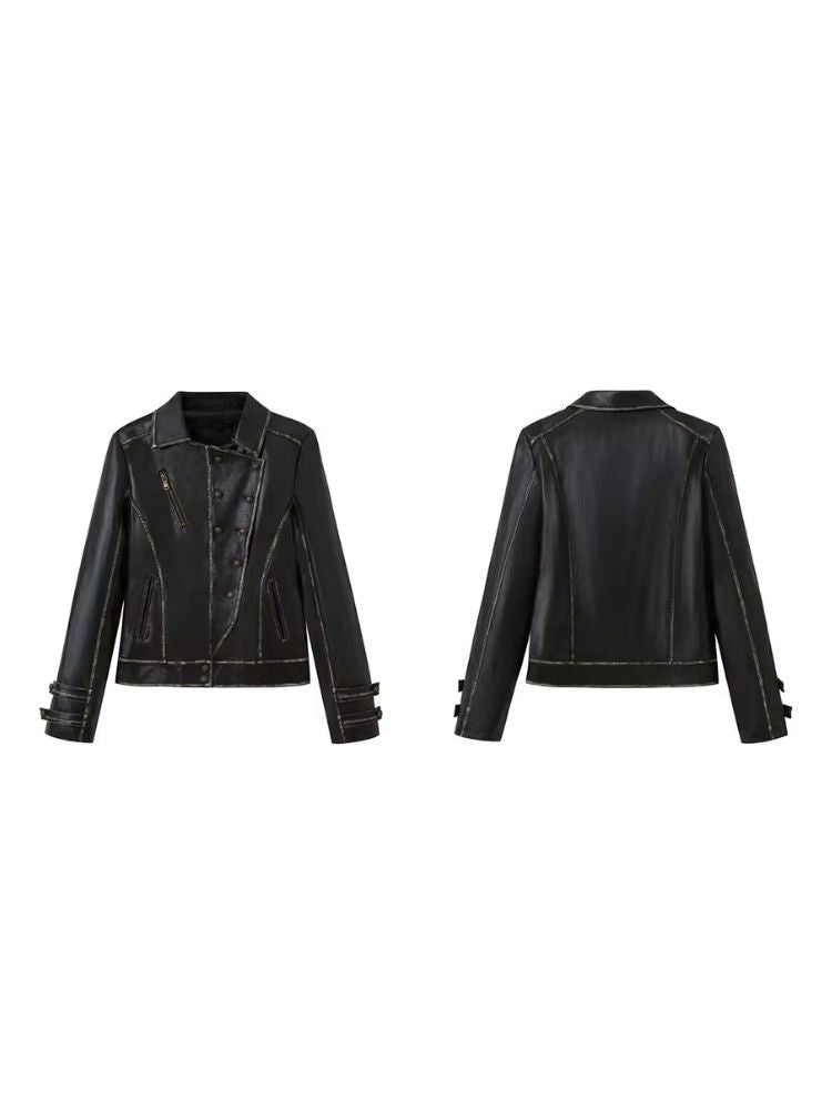 Waisted leather short jacket