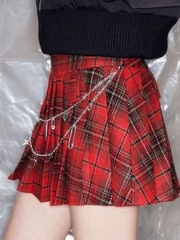 Metal Chain Red Plaid Halter Skirt