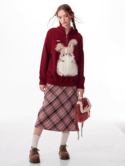 Half High Neck Plush Rabbit Red Sweater