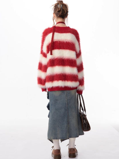 Sticky Chunky Red Striped Knit Sweater Cardigan