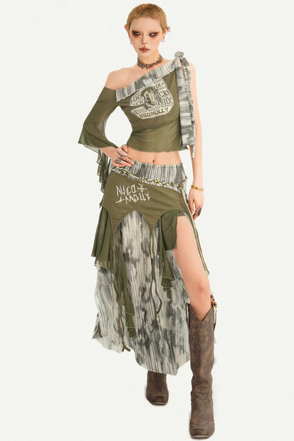 Irregular Patchwork Mesh Skirt