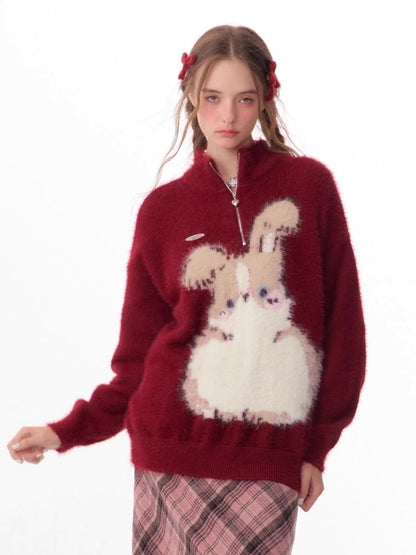 Half High Neck Plush Rabbit Red Sweater