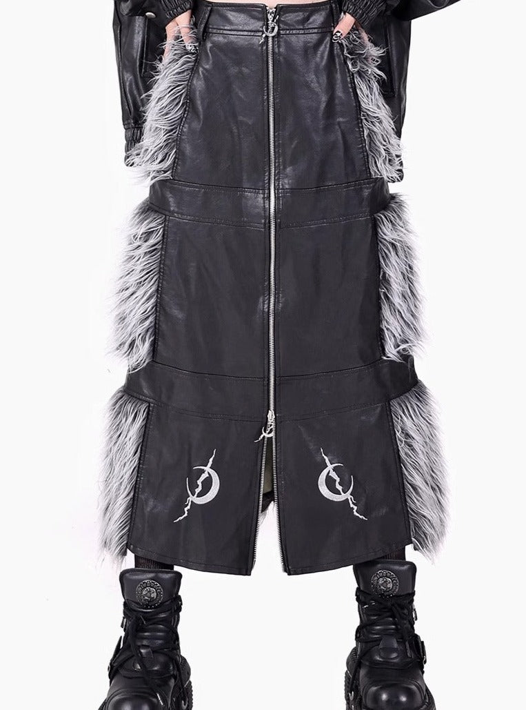 Double Zipper Black Silver Y2K Fur Skirt