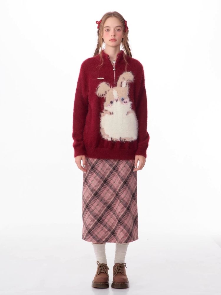 Half High Neck Plush Rabbit Red Sweater