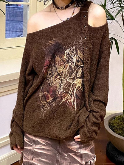 Retro Strapless Long Sleeve Printed Loose Sweatshirt