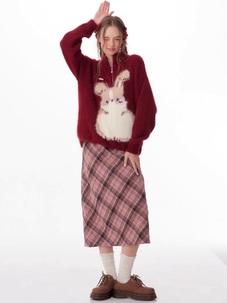 Half High Neck Plush Rabbit Red Sweater