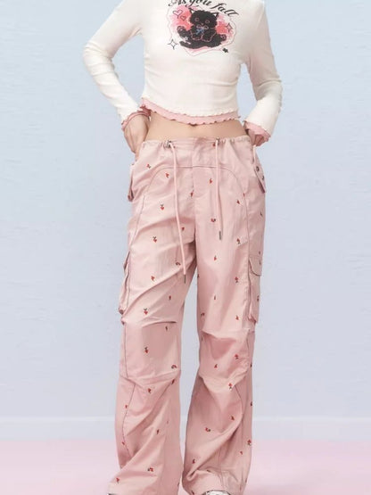 Small cherry embroidered work pants