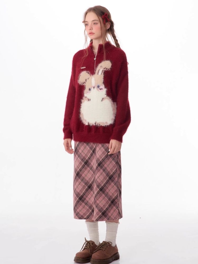 Half High Neck Plush Rabbit Red Sweater