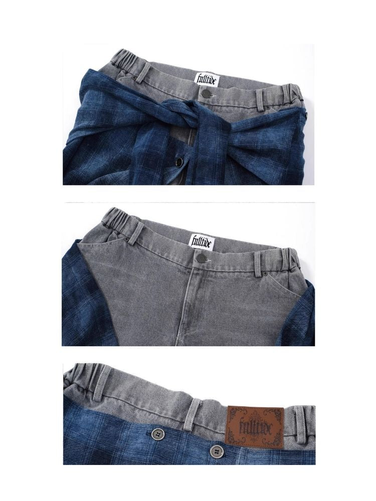 Asymmetric denim washed denim shorts